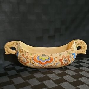Signed Handcrafted Russian Folk Art Wooden Boat with Horse Head Handles